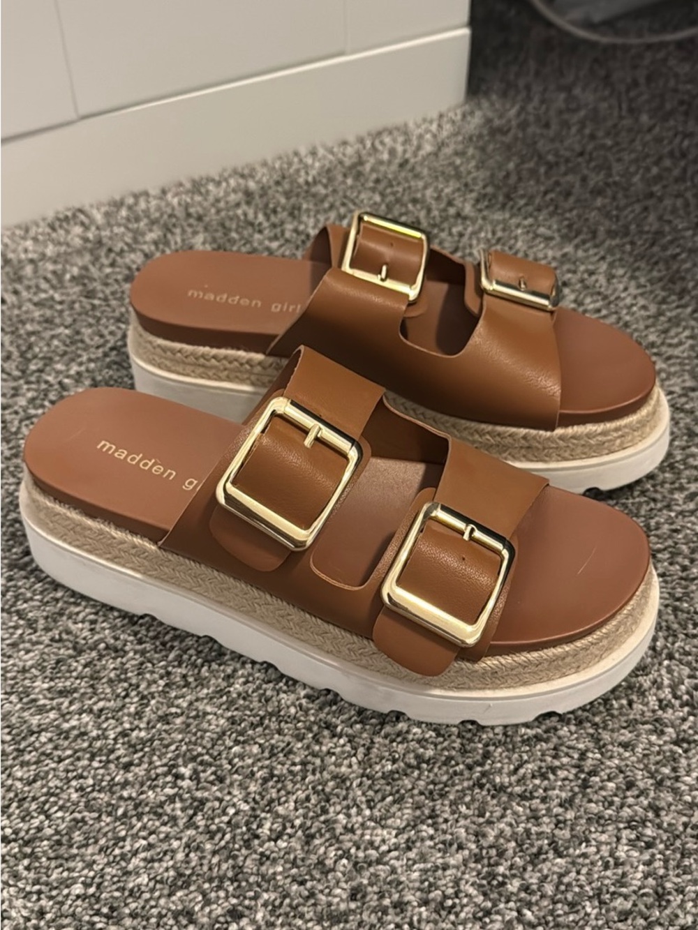 Madden Girl Tan Platform Espadrille Slide Sandals with Gold Buckles - Picture 3 of 6